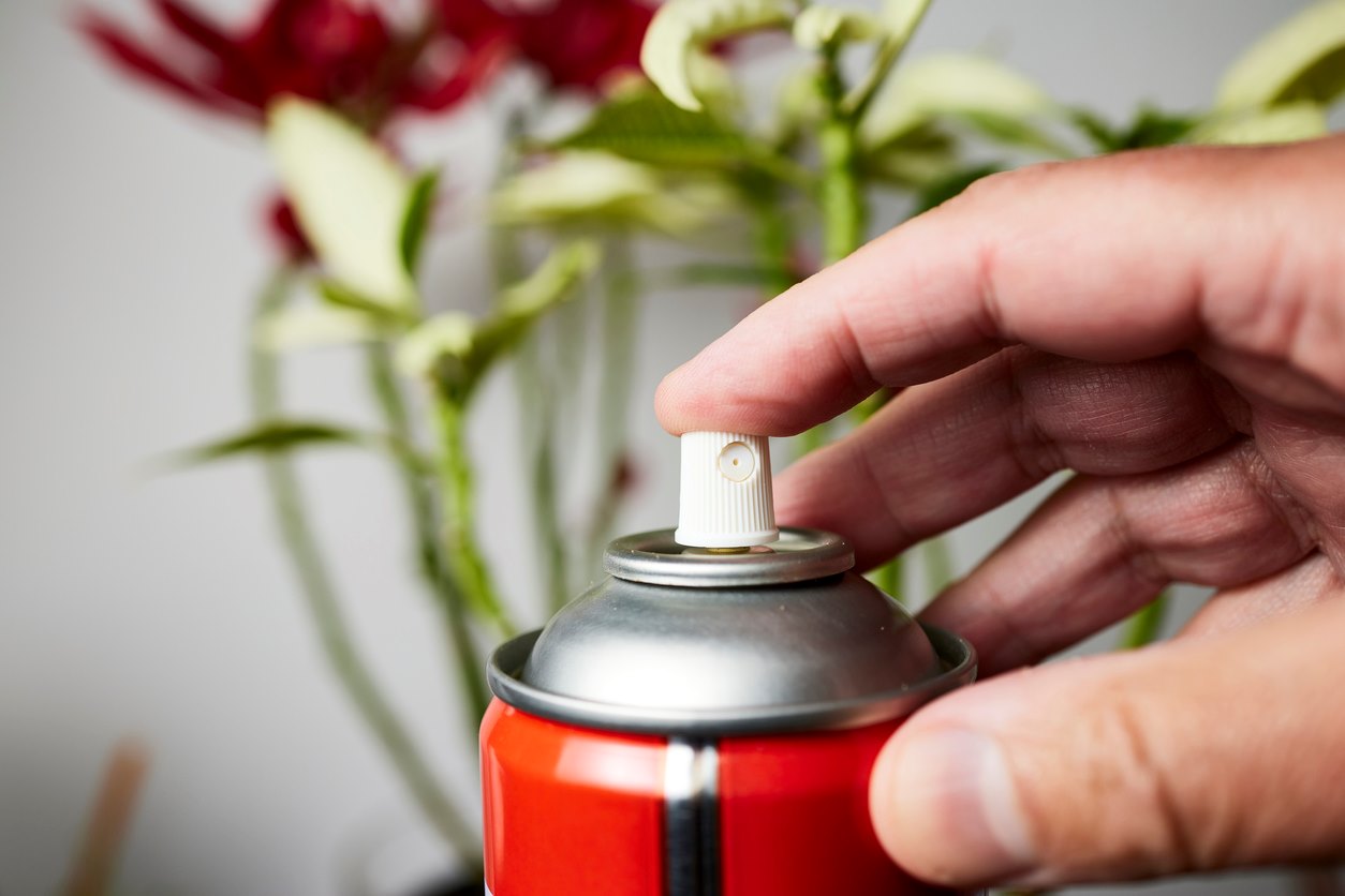 A man’s hand presses the tip of a red aerosol spray can with a flowery plant in the background