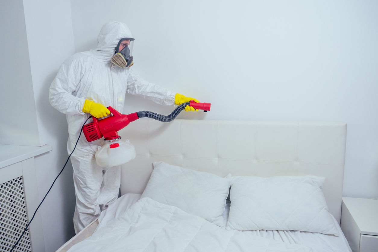 Pest control professional in protective suit sprays down bed for bed bugs. 
