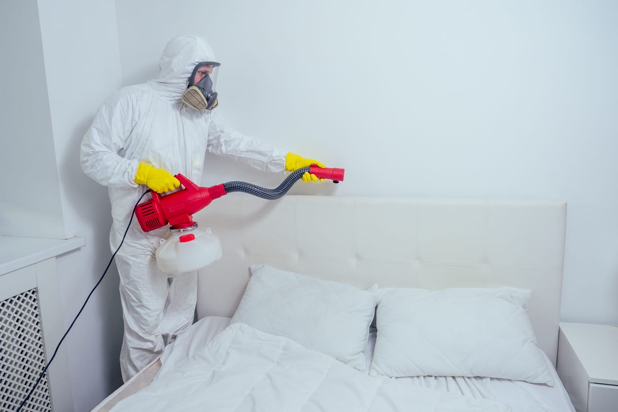 Pest control professional in protective suit sprays down bed for bed bugs. 