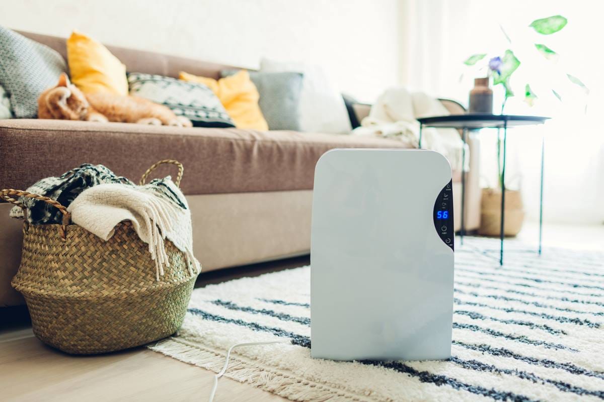 Dehumidifier on living room floor next to furniture and basket of blankets. 
