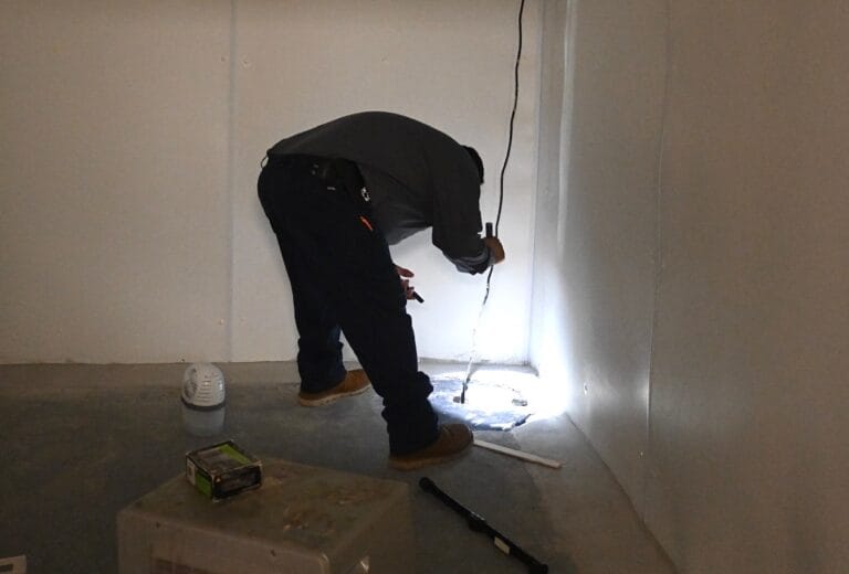 Pest control technician inspecting baseboards with a flashlight. (Piper Allen, Clegg’s Pest Control Marketing Manager)