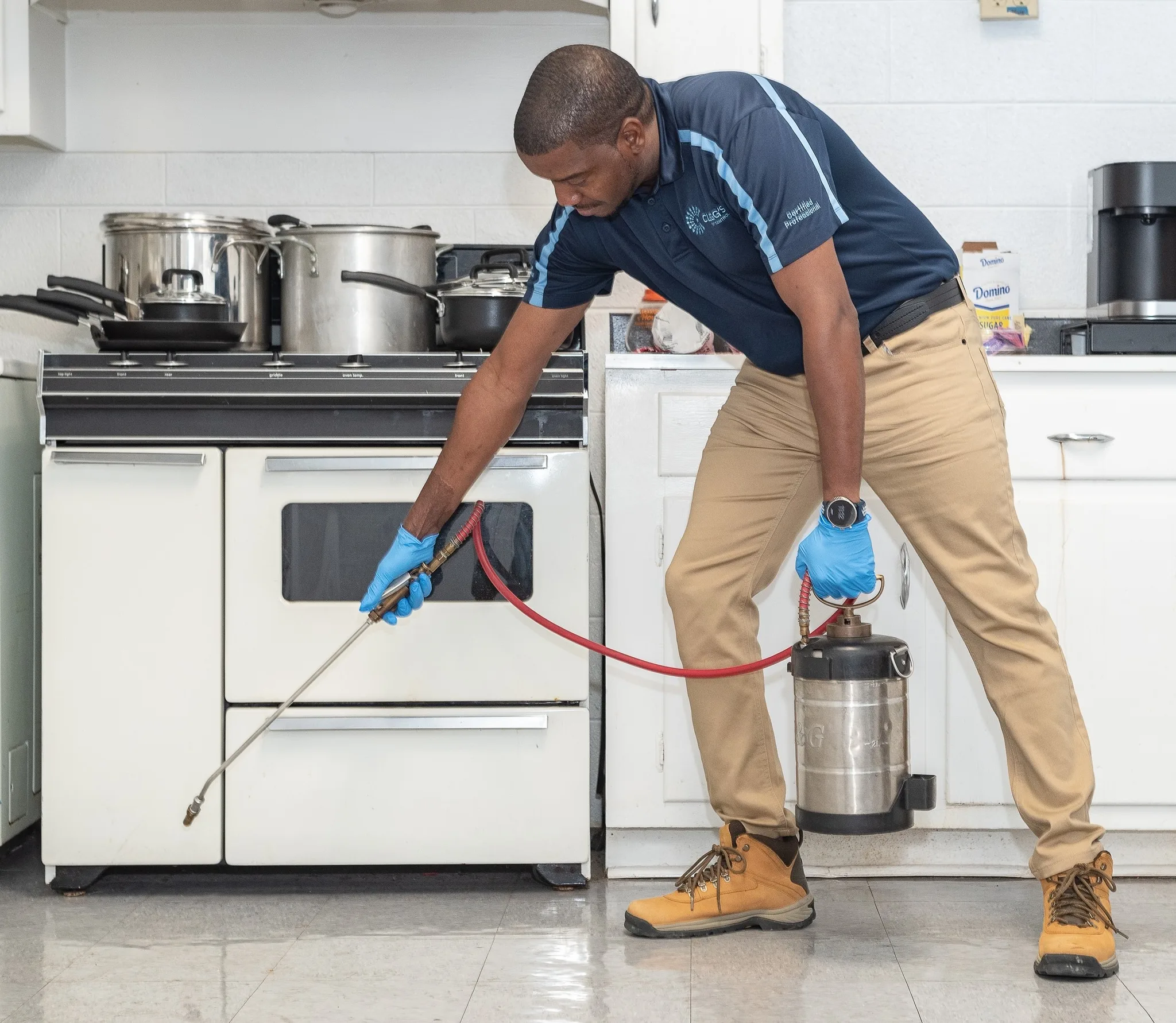 Clegg&rsquo;s technician in a branded polo treating a kitchen with a sprayer, the kind of work behind commercial pest control in Morehead City