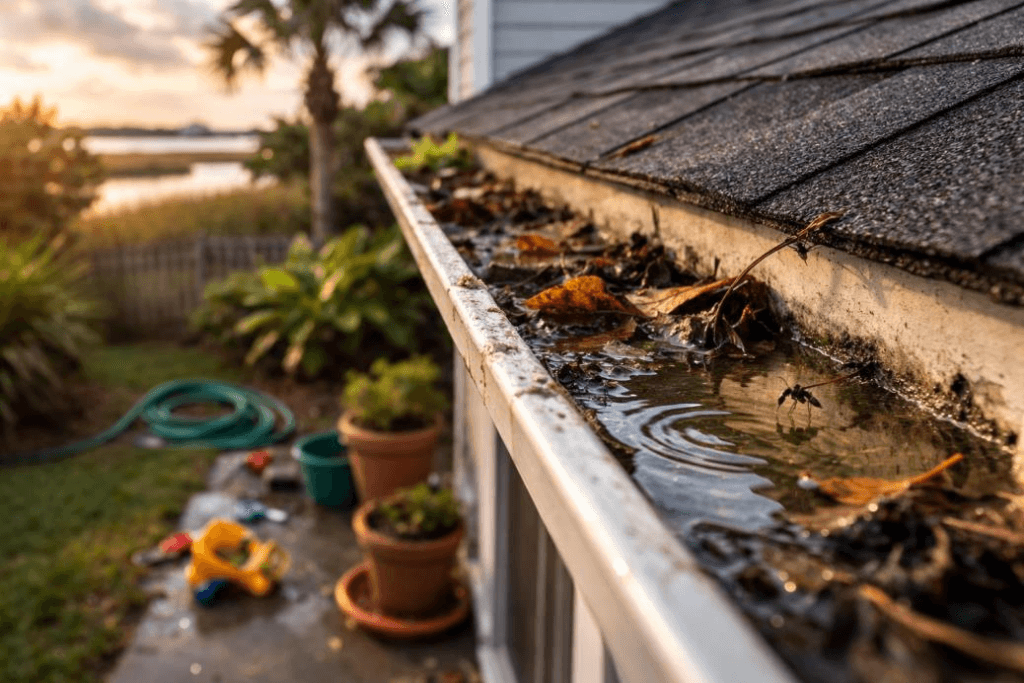 Rainwater standing in a leaf-clogged gutter on a North Carolina home, a common summer mosquito breeding site