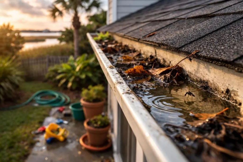 Rainwater standing in a leaf-clogged gutter on a North Carolina home, a common summer mosquito breeding site