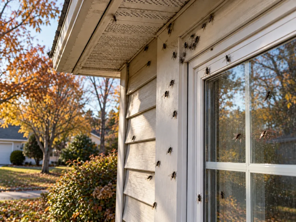 Dozens of cluster flies gathered on the white siding and window frame of a home on a sunny autumn day