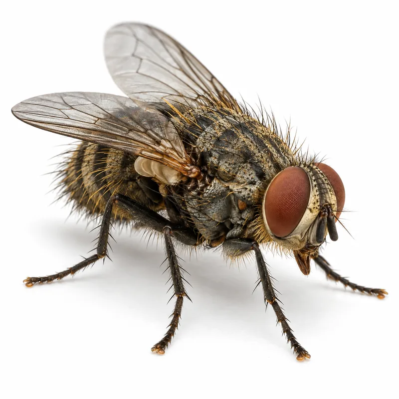 Close-up of a cluster fly showing its dark gray body, small golden hairs and reddish-brown eyes