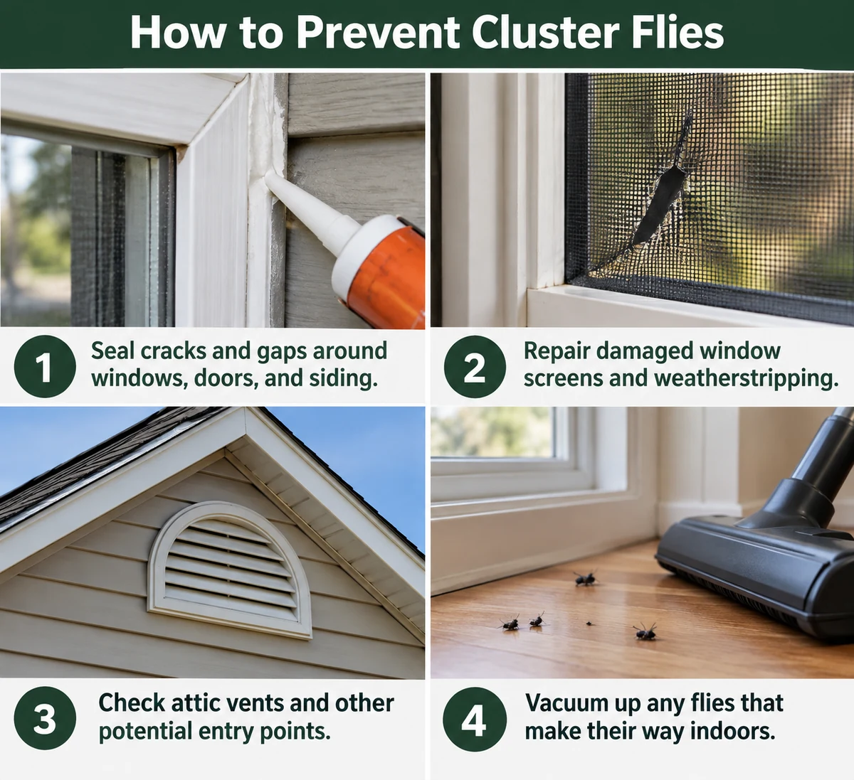 Infographic titled How to Prevent Cluster Flies showing four steps: seal cracks and gaps around windows, doors and siding; repair damaged window screens and weatherstripping; check attic vents and other potential entry points; and vacuum up any flies that make their way indoors
